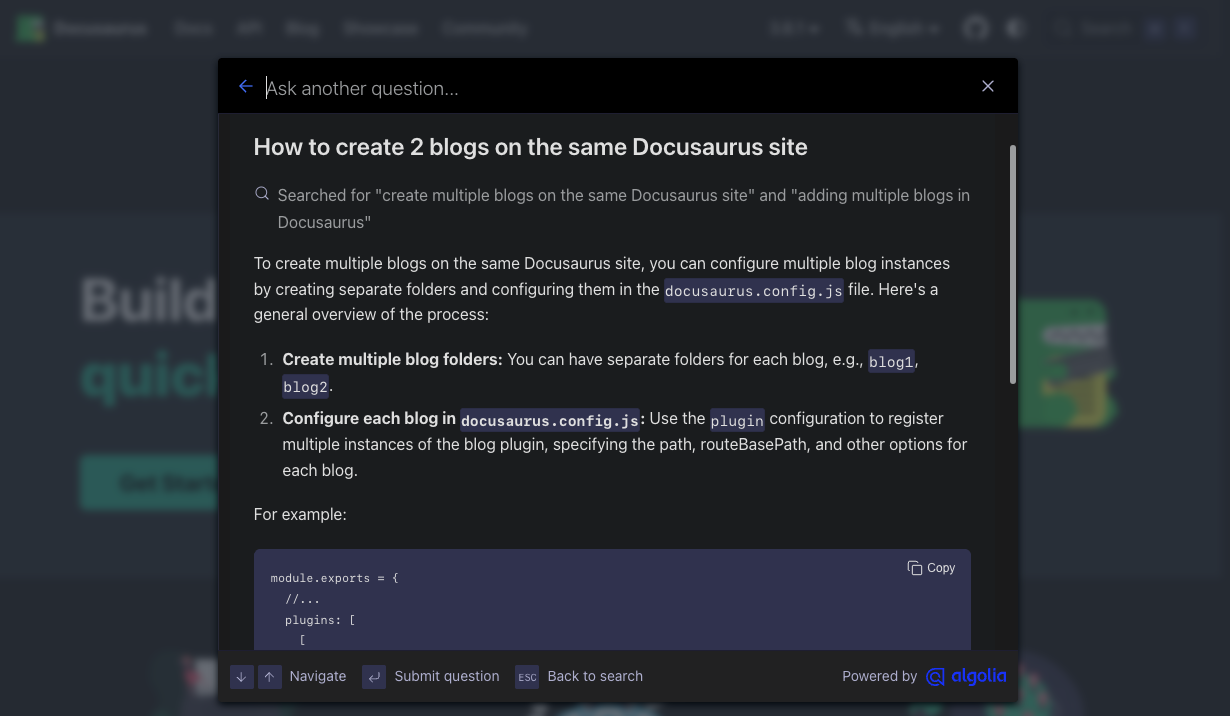 Algolia DocSearch v4 - Ask AI screenshot